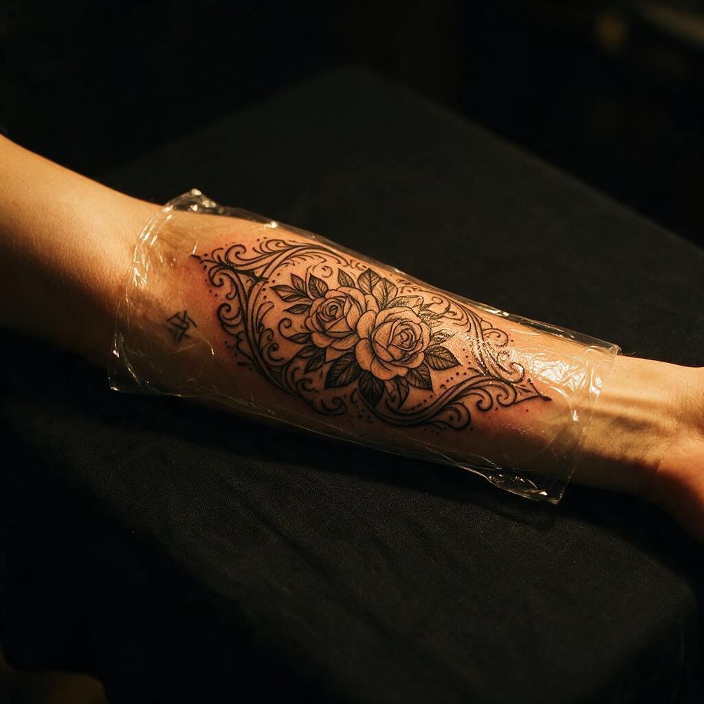 Tatuaje recién hecho, todavía con el film