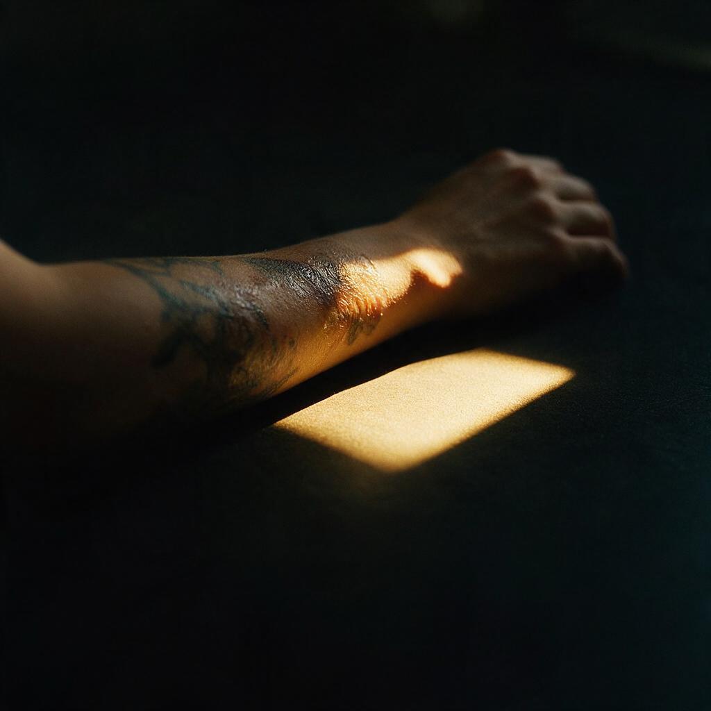 Un brazo tatuado a la sombra, con el sol al lado
