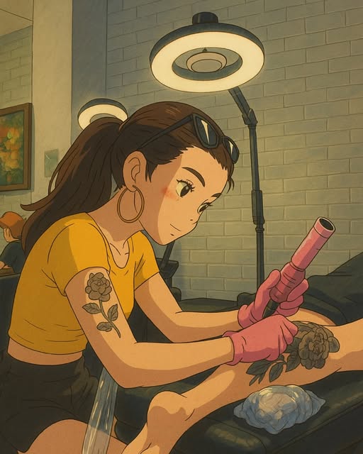 Shade tatuando, dibujada en el estilo que tatúa